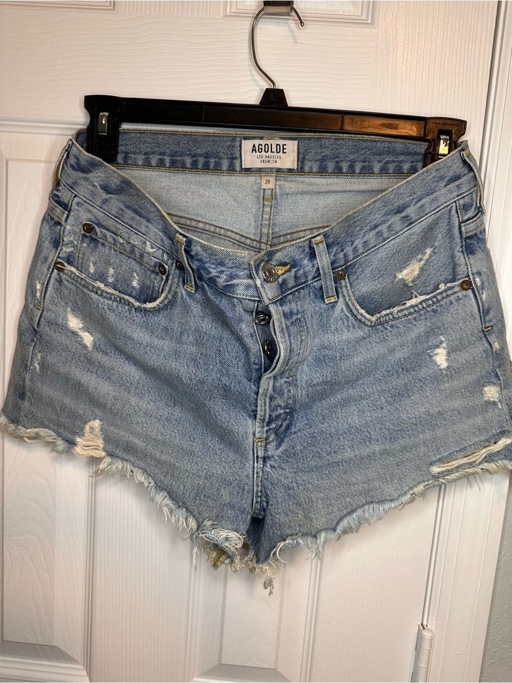 Agolde Light Wash Distressed Denim Cutoff Shorts